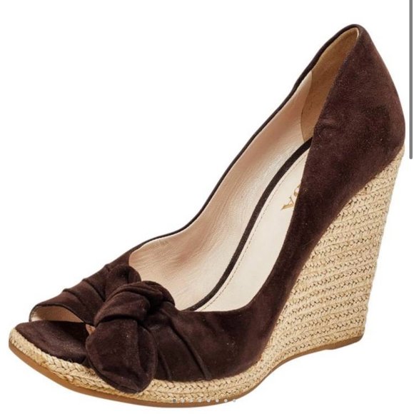 PRADA brown suede bow wedge- SIZE 38.5 (8 US) - Picture 1 of 4